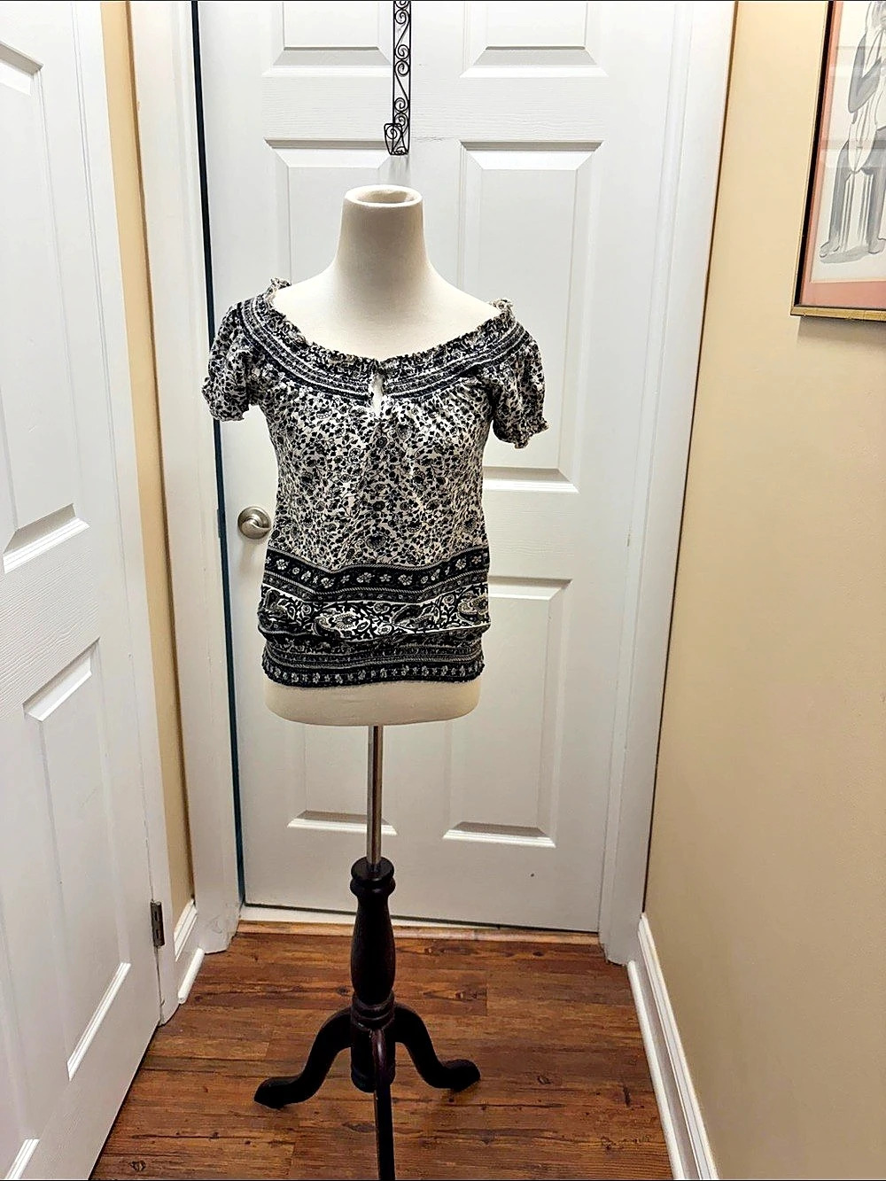 Lucky Brand Paisley Peasant Blouse in Black & White Size XS